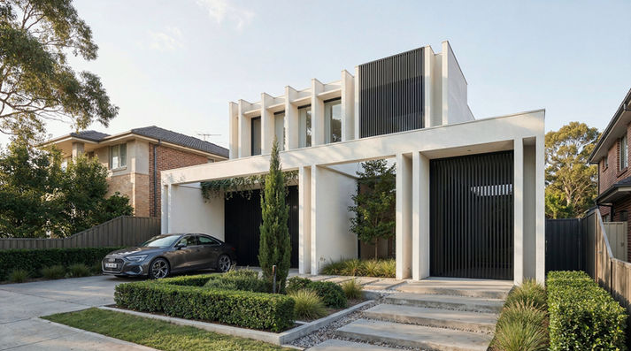 Modern two-storey house in Revesby NSW with white geometric facade, black vertical screens, landscaped front garden and recessed garage