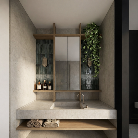 Bathroom vanity of Perfectly Imperfect House with concrete basin, timber joinery and green tiles