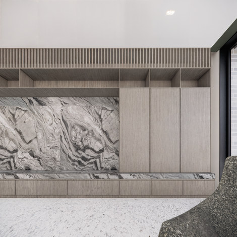 Timber and marble entertainment unit at Summerhill Residence, Glen Iris – bespoke interior design by Enclave Architects, Melbourne.