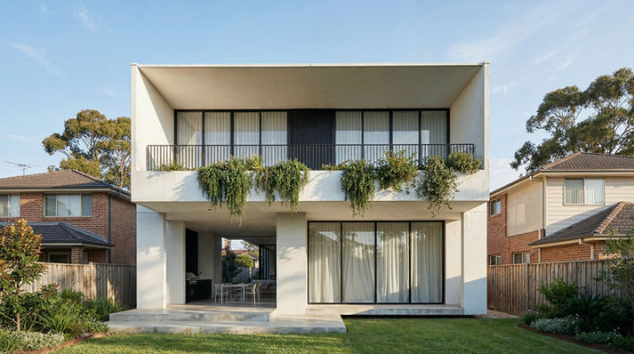 Rear view of modern two-storey house with white facade, balcony planters, covered alfresco and large sliding glass doors in Revesby NSW