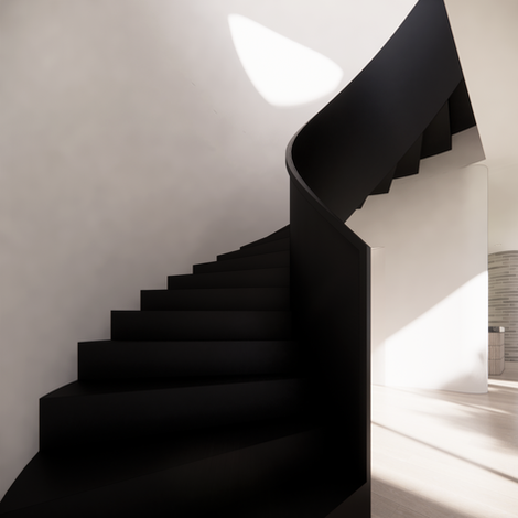 Curved black steel staircase inside Summerhill Residence, Glen Iris – modern interior detail by Melbourne architect Enclave Architects.