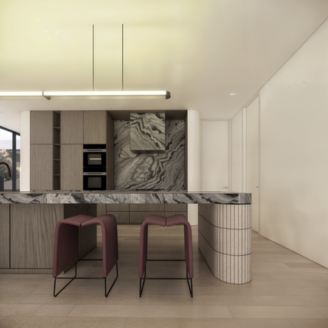 Textural material palette in Summerhill Residence kitchen – fluted stone, timber and marble in Glen Iris modern home.

