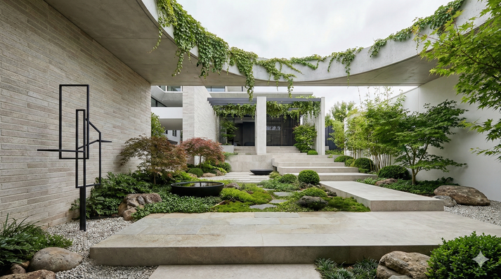 Modern courtyard entrance garden with cascading levels, water features and Japanese-inspired landscaping in a contemporary Melbourne residence by Enclave Architects