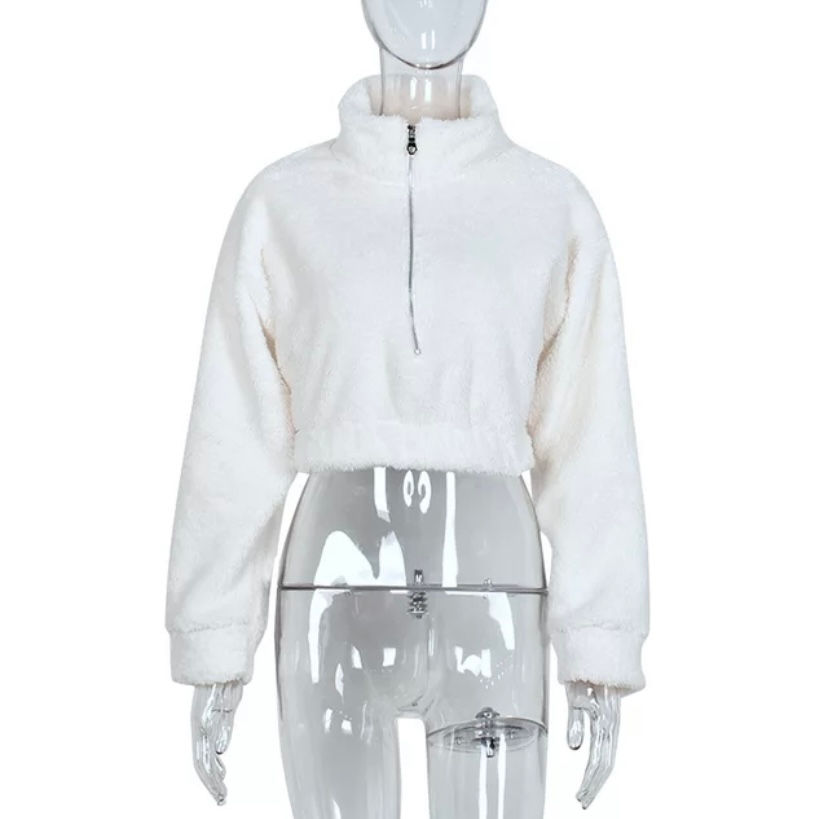 Miniatura: Soft White Zip Up Stand-Neck Long Sleeve Pullover Crop Tops Fashion Warm Flannel