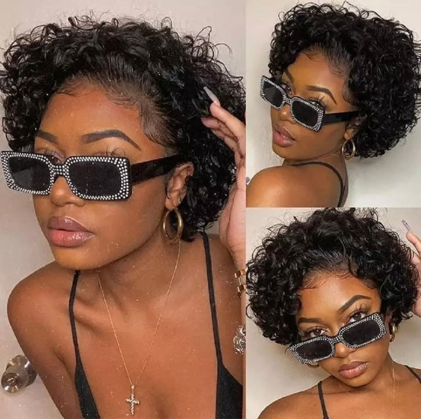 Miniatura: 180 Density Short Pixie Cut Bob Curly Wig Natural Black 13x4 Human Hair