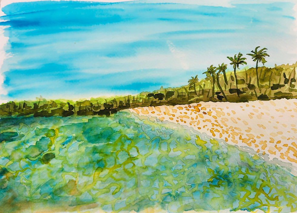 Sunrise Beach, Drawaga Island, watercolor