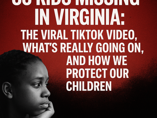 A bold social media awareness graphic with a dark red and black background. Large white capitalized text reads: “88 Kids Missing in Virginia: The Viral TikTok Video, What’s Really Going On, and How We Protect Our Children.” On the left side is a black-and-white photo of a young African American girl resting her chin on her hand, looking serious and thoughtful. The design is urgent and shareable, resembling a viral campaign poster.