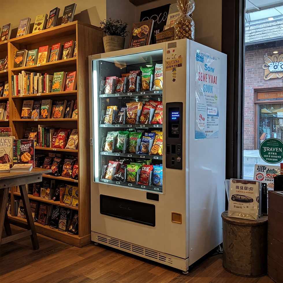 A compact vending machine inside a small local business, filled with snacks , representing a low-cost startup opportunity.