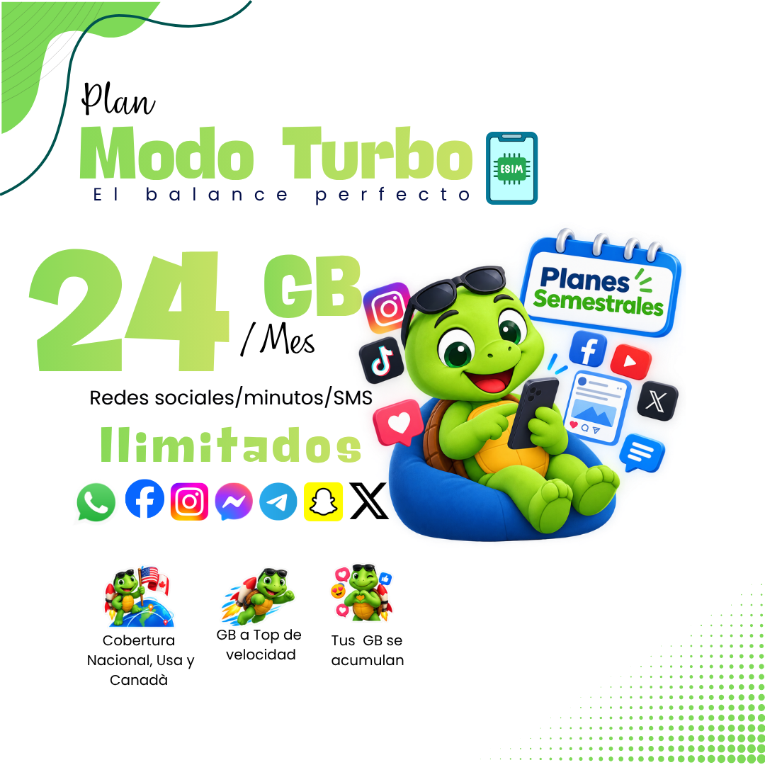 Plan semestral Turbo Top 24GB e-SIM (6 meses).