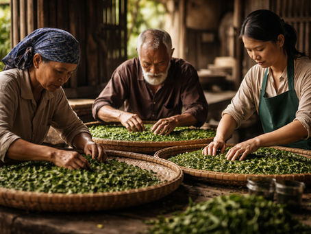 Mains d’artisans vietnamiens triant et travaillant des feuilles de thé à la main dans un atelier baigné de lumière naturelle, illustrant la transmission des gestes et la collaboration autour du thé.