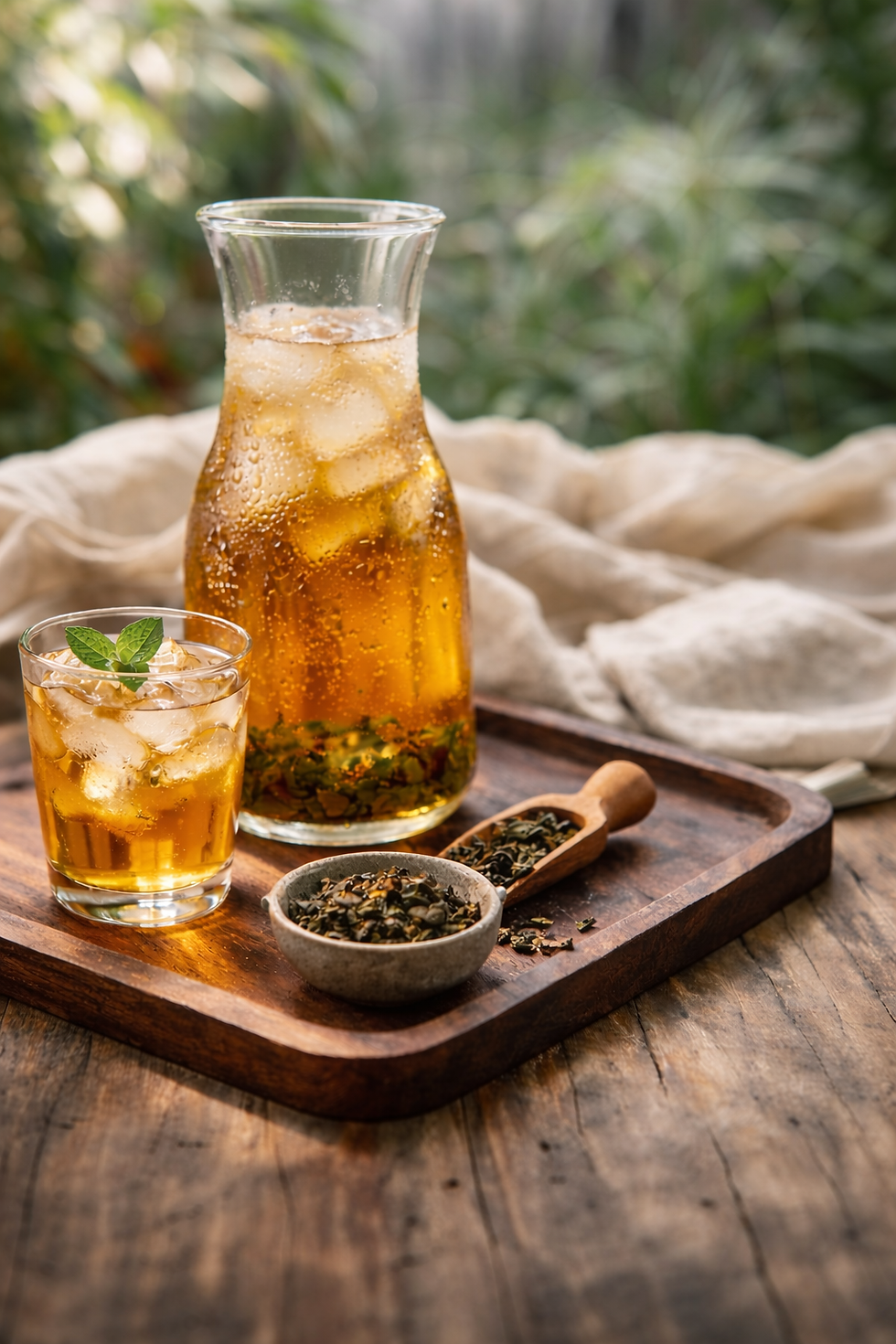 Carafe et verre de thé oolong glacé sur plateau en bois, feuilles de thé visibles, lumière naturelle d’été