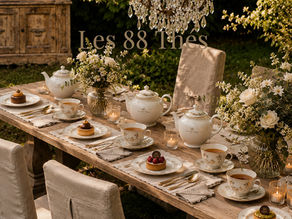 Scène de tea time en extérieur, avec une grande table en bois dressée de théières blanches, pâtisseries raffinées, chandelles et verrerie élégante dans une atmosphère cinématographique et intime.