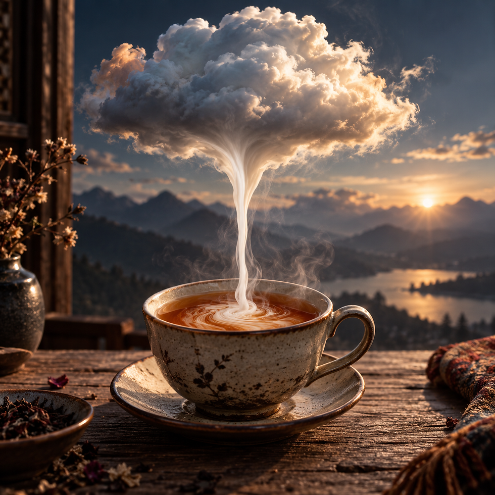 Image poétique d'un véritable nuage qui coule comme du lait dans une tasse de thé avec en arrière-plan un splendide couché de soleil.