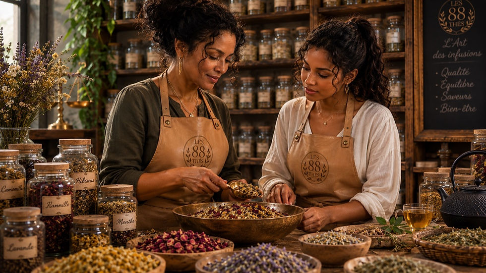 Une préparatrice en mélange d'infusion qui montre à son apprentie, comment préparer un mélange de fleurs pour infusion
