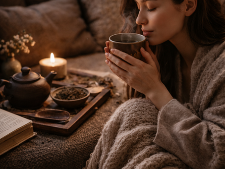 Femme assise sur un canapé cocooning, tenant une tasse de thé fumante dans une ambiance douce et chaleureuse, illustrant un moment de relation consciente avec le thé.