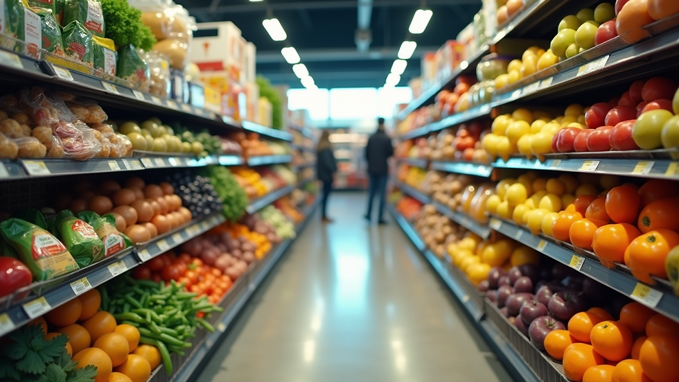 Eye-level view of grocery store aisle with fresh produce