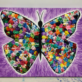 Colorful butterfly collage artwork on a purple background.