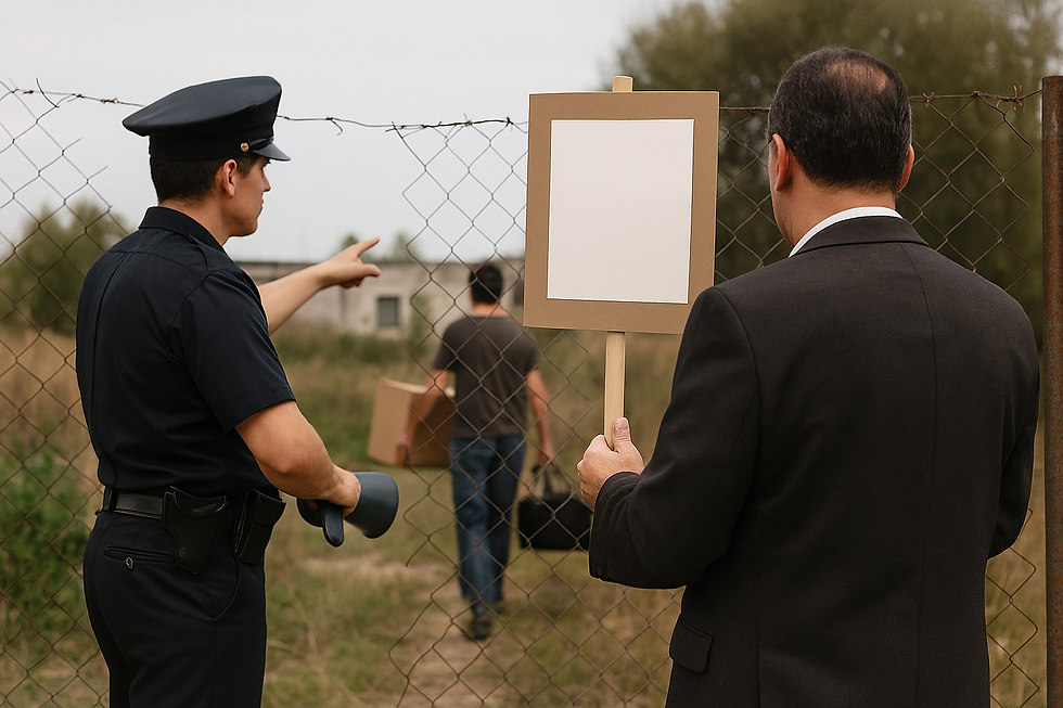 Un Policía y un juez observando un terreno vacío y entregando una presunta orden judicial para que se haga un desalojo