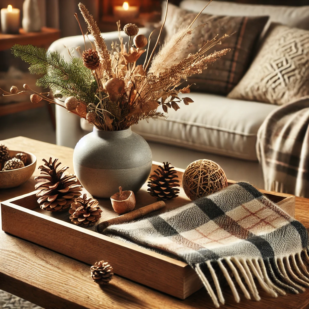 Rustic coffee table with natural elements and plaid for chalet-inspired décor