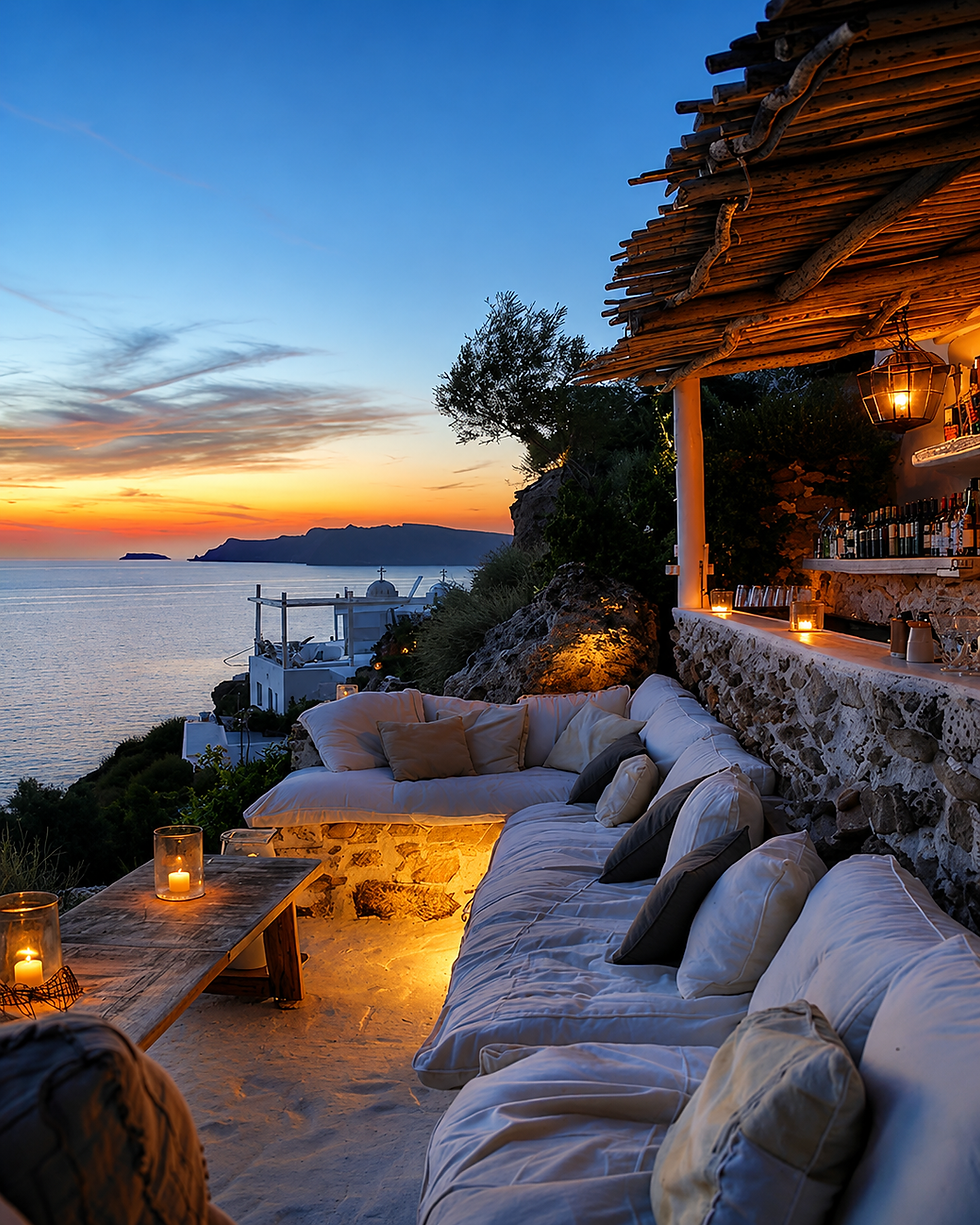 Ibiza at night with Mediterranean terrace warm light and elegant atmosphere