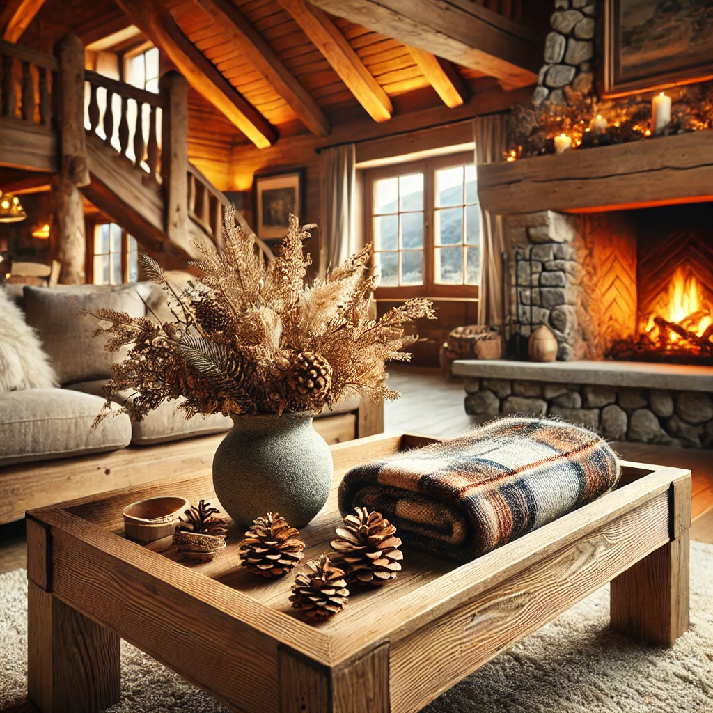 Rustic coffee table with natural elements and plaid for chalet-inspired décor