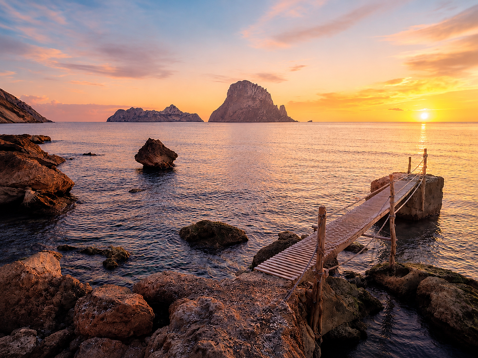 Es Vedra Ibiza at sunset with iconic Mediterranean landscape