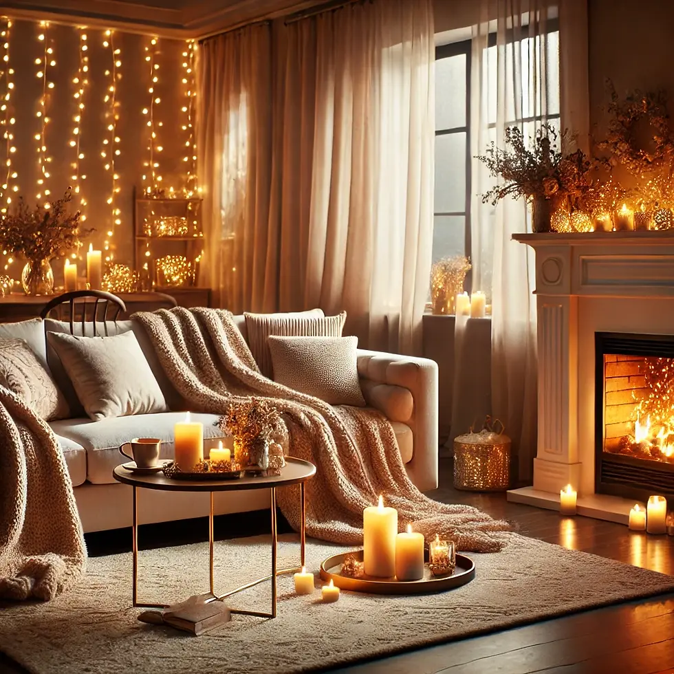 Warmly lit living room with a soft cashmere throw, flickering candles, and fairy lights creating a cozy winter glow