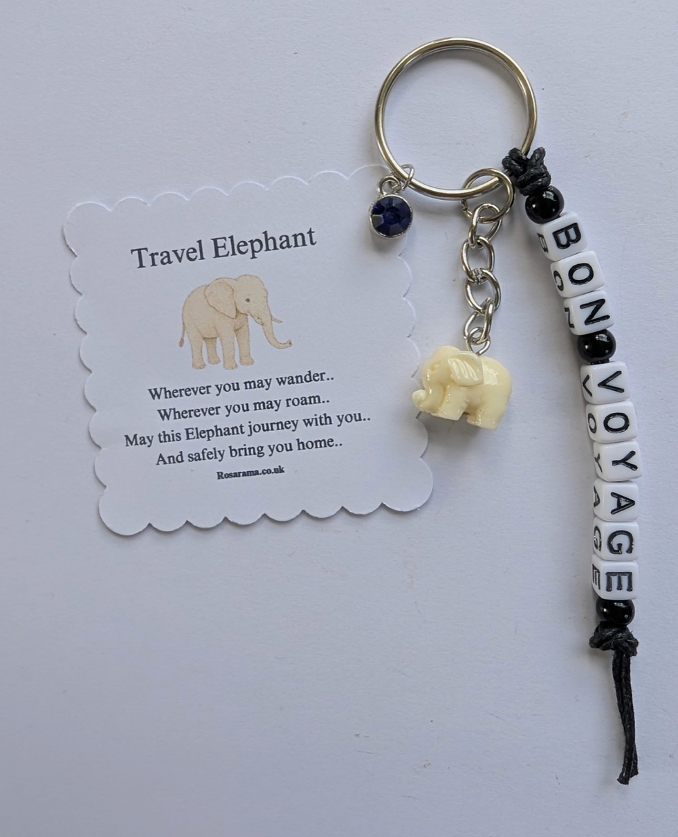 Thumbnail: Personalised travel elephant, good luck, safe travels, elephant keyring