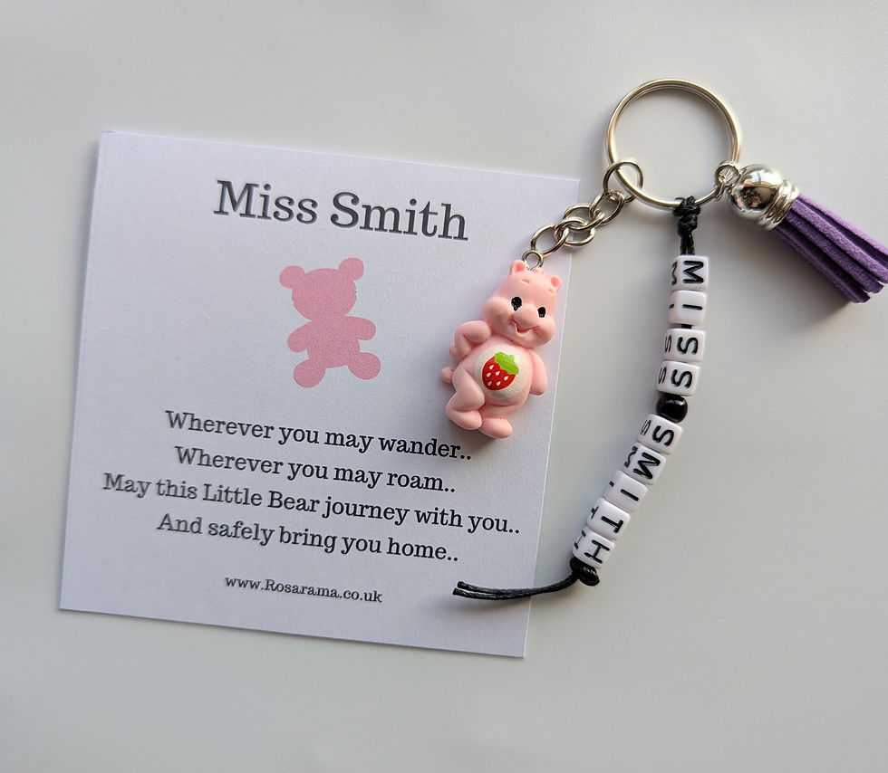 Thumbnail: Travel gift, Teddy bear keyring,  personalised bag charm, care bear