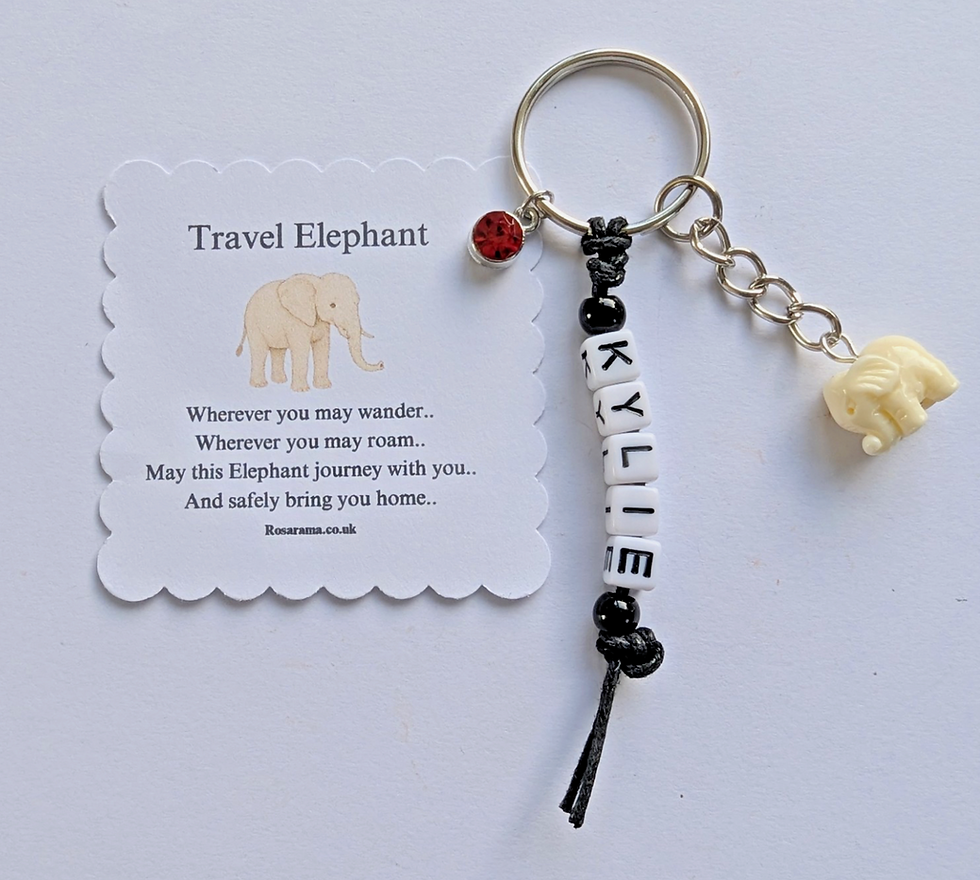 Thumbnail: Personalised travel elephant, good luck, safe travels, elephant keyring