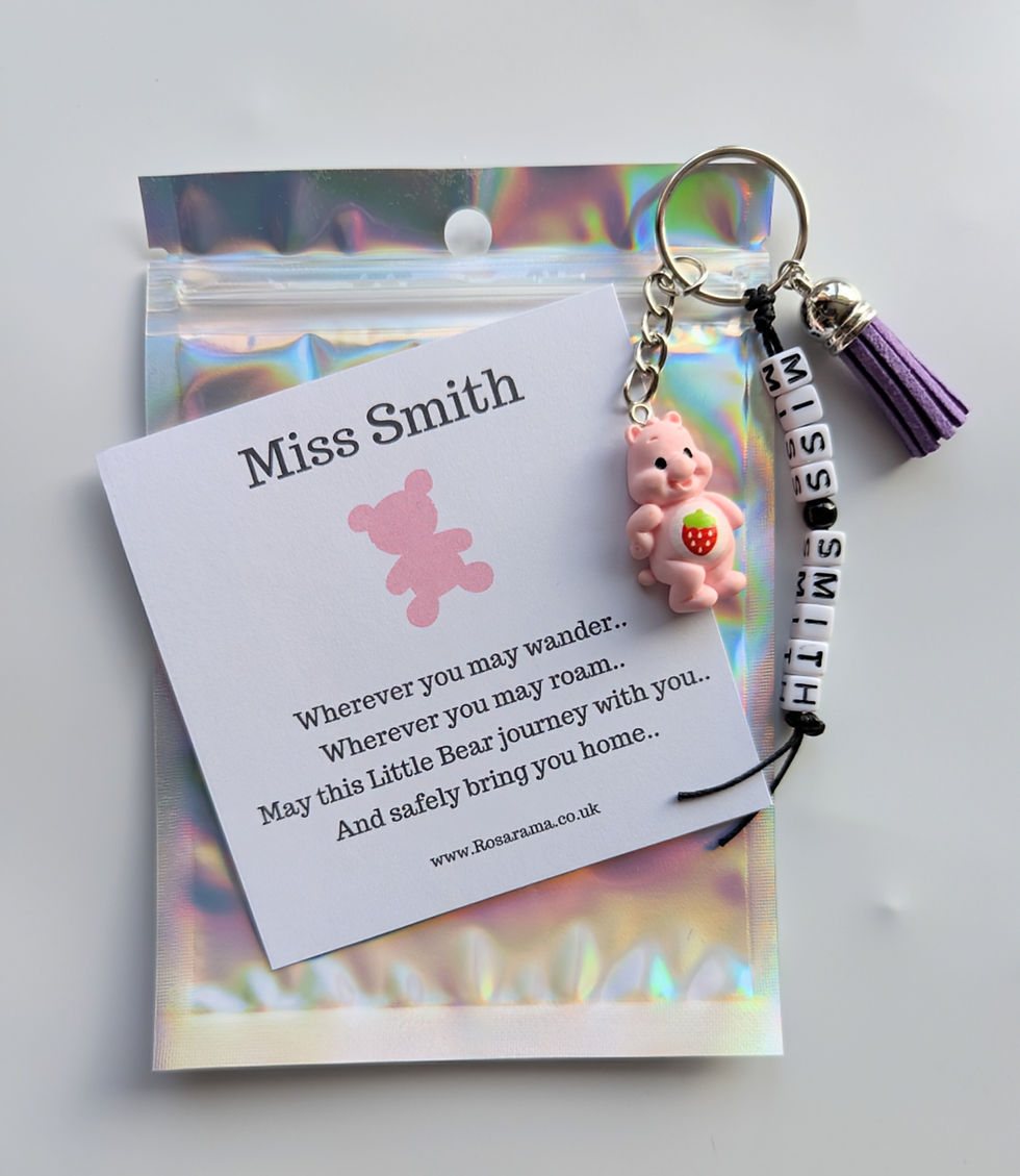 Thumbnail: Travel gift, Teddy bear keyring,  personalised bag charm, care bear
