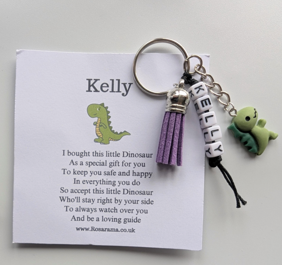 Thumbnail: Good Luck dinosaur, dinosaur keyring, personalised bag charm, graduation,