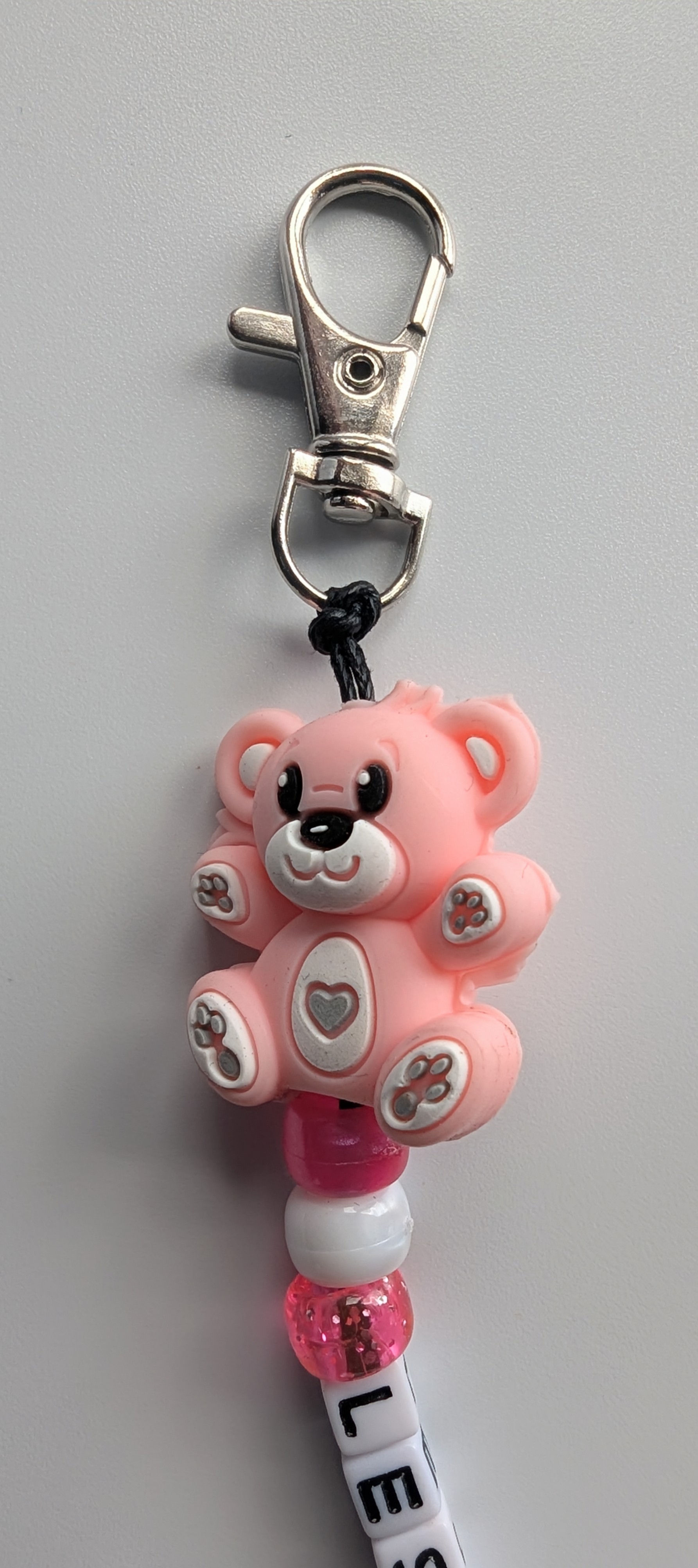 Pink bear keychain, bag charm, personalised name keyring, silicone bear