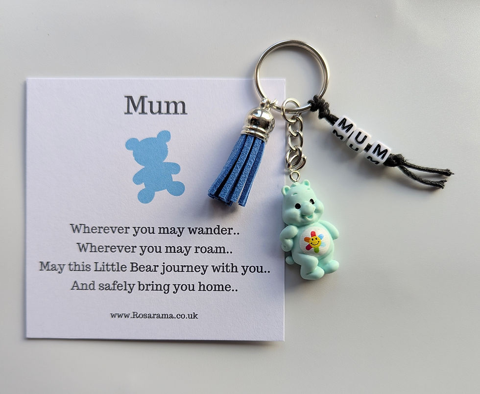 Thumbnail: Travel gift, Teddy bear keyring,  personalised bag charm, care bear