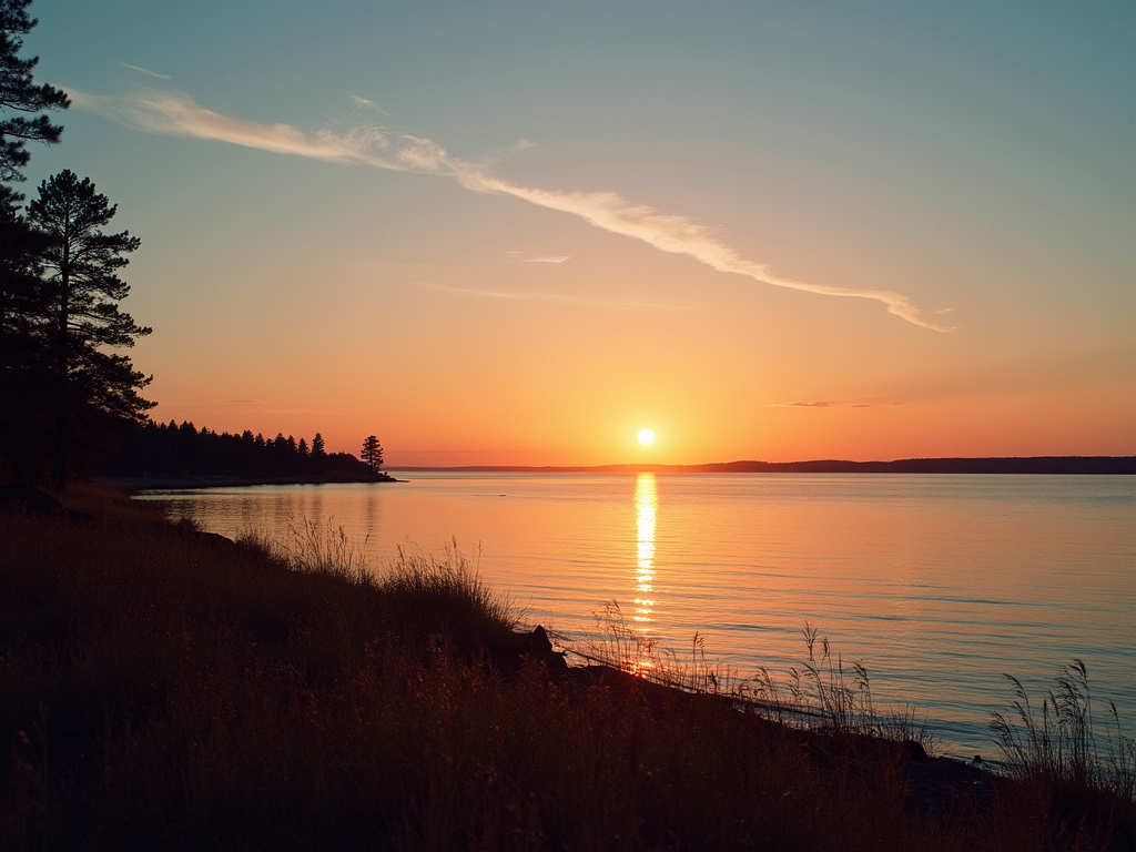 A breathtaking view of the Lake Superior shoreline at sunset during a warm July evening.