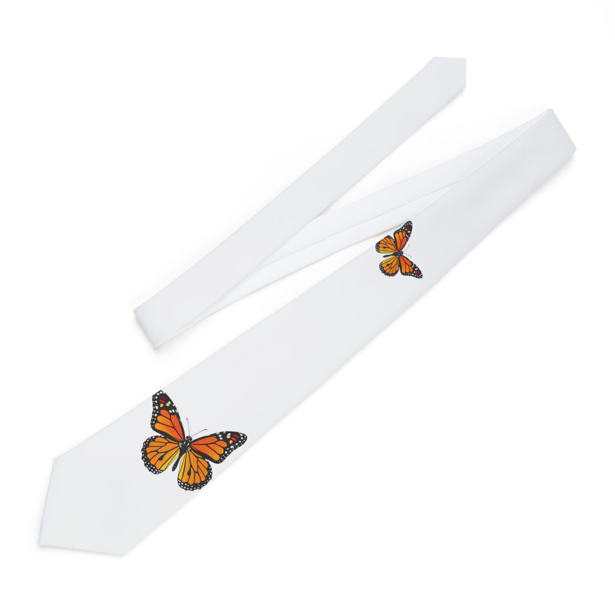 White Necktie with Orange Monarch Butterfly Print