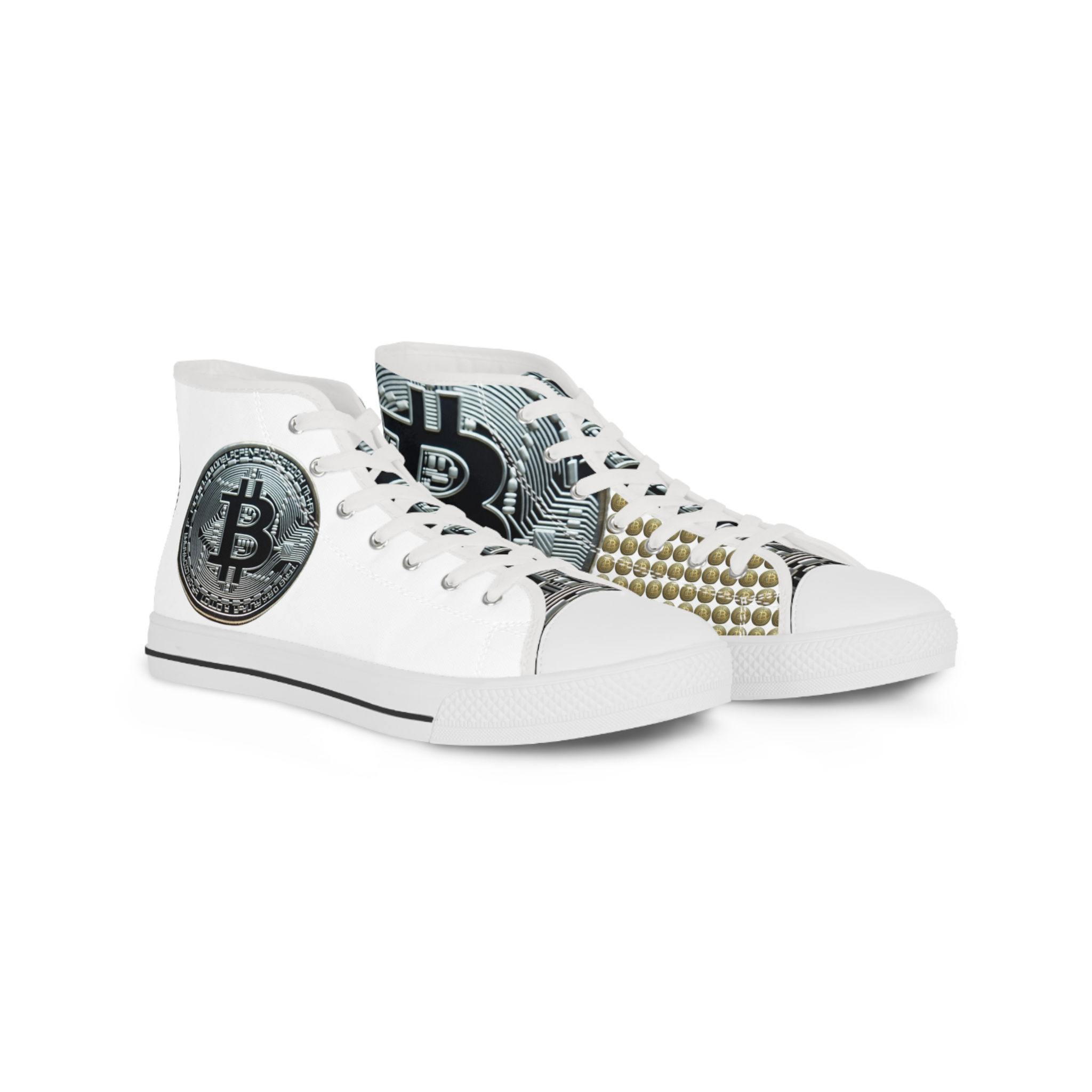 Silver Bitcoin High Top Sneakers, Stylish Footwear for Crypto bros, Trendy Gift