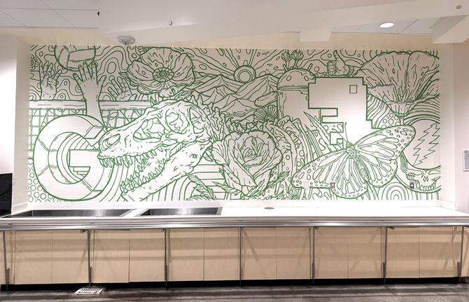 Mural for Googleplex features line work on dinsaurs, flowers, mountains, butterfly, and google logos.