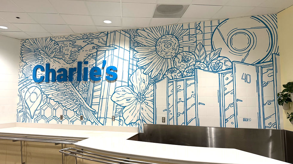 Blue line mural with flowers, bird, and text "Charlie's" on wall. Number "40" and geometric shapes. Modern setting with white ceiling.