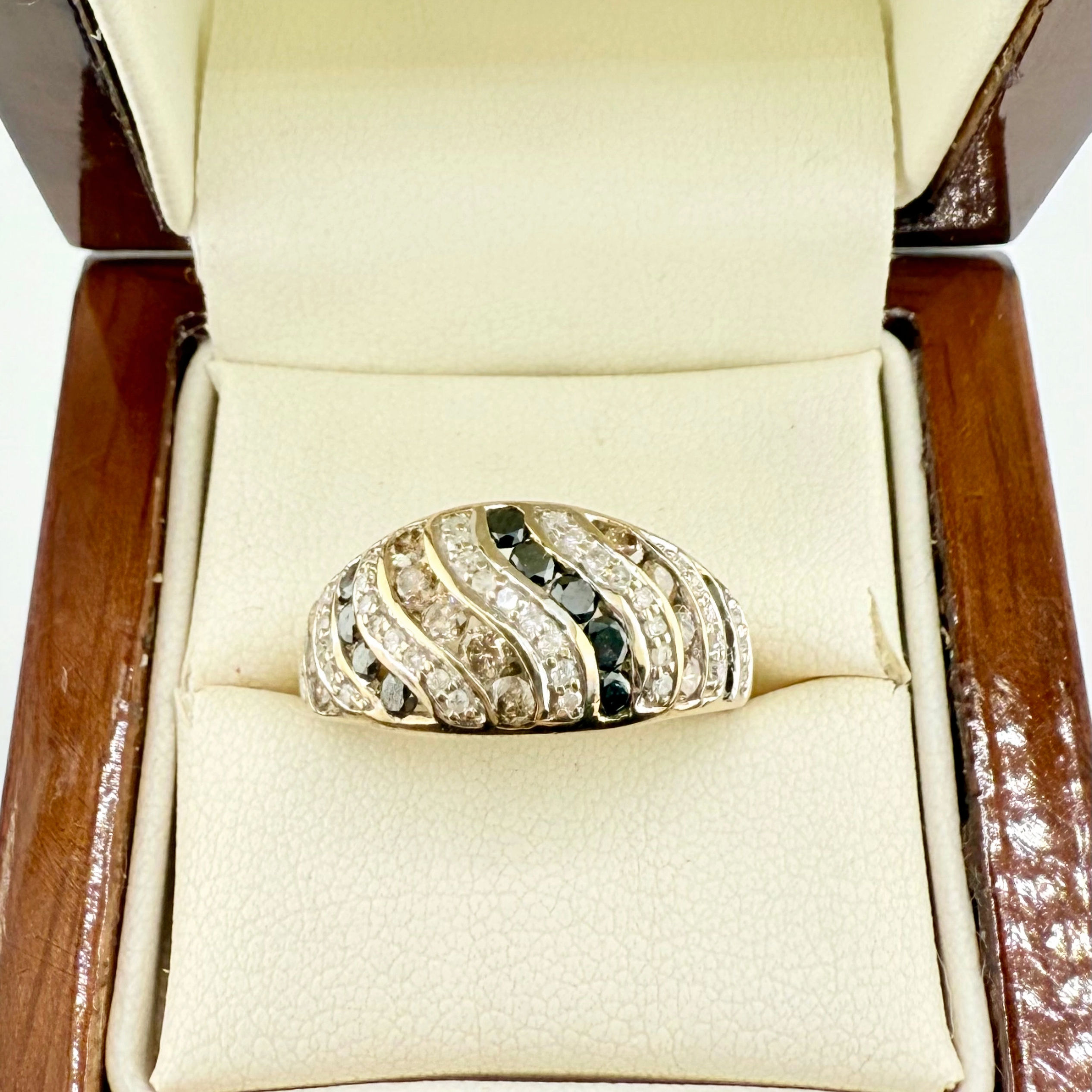 Incredible 9ct Gold Natural Black, White and Champagne Diamond Dome Ring