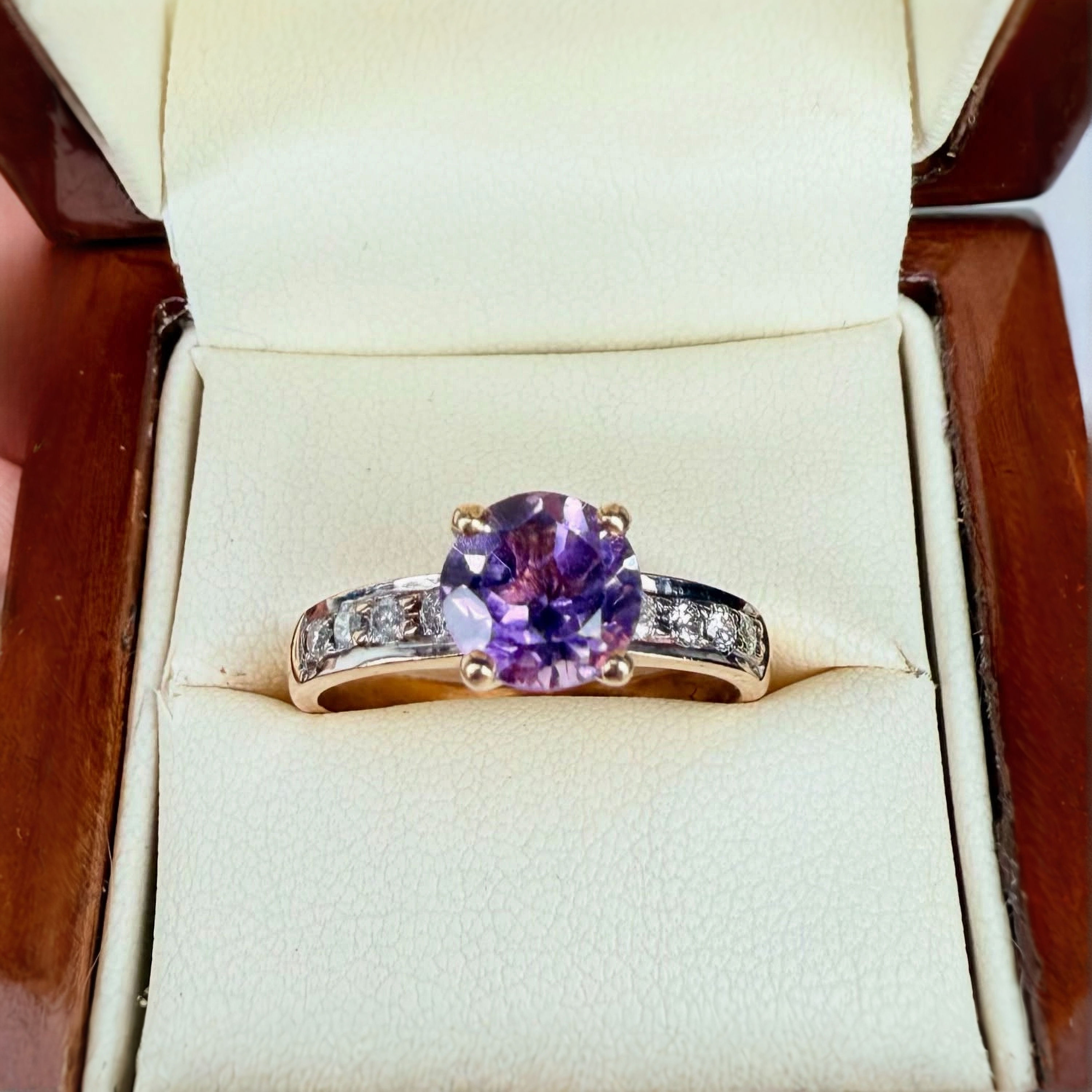 Elegant Amethyst and Diamond Solitaire 9ct Yellow Gold Ring