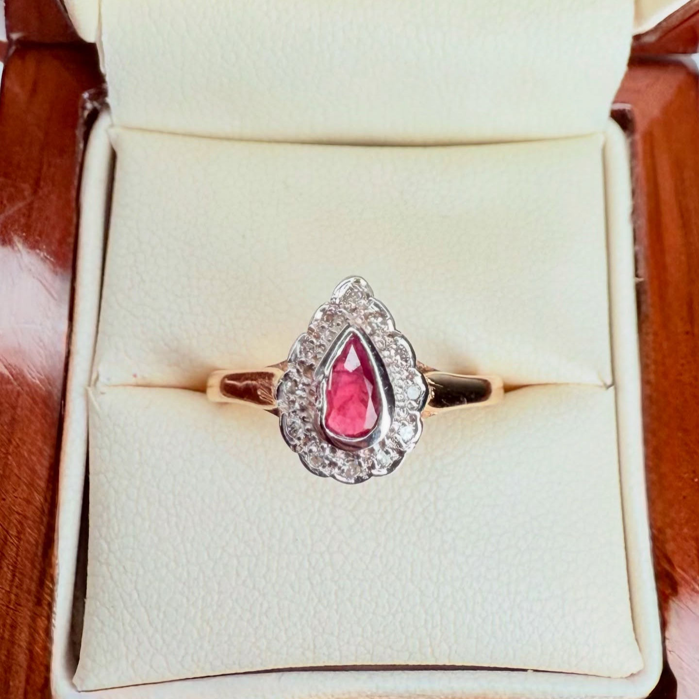 Romantic Pear-Cut Ruby and Diamond Cluster 9ct Yellow Gold