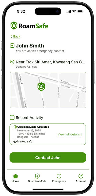 Parent sees child's location and emergency details in RoamSafe app