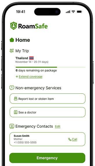 Home page of RoamSafe app with trip details, services, emergency contacts and emergency button