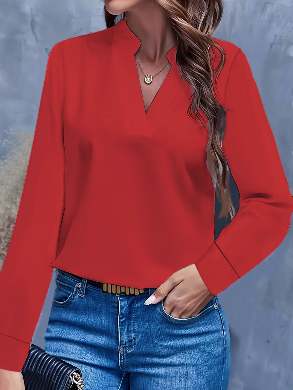 Miniatura: Women Elegant Split V Neck Long Sleeve Cuffed Blouse With Smooth Silky Fabric Pe
