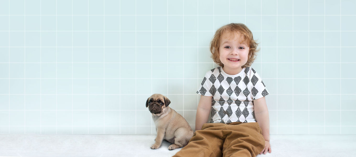 Menino com filhote de cachorro do Pug