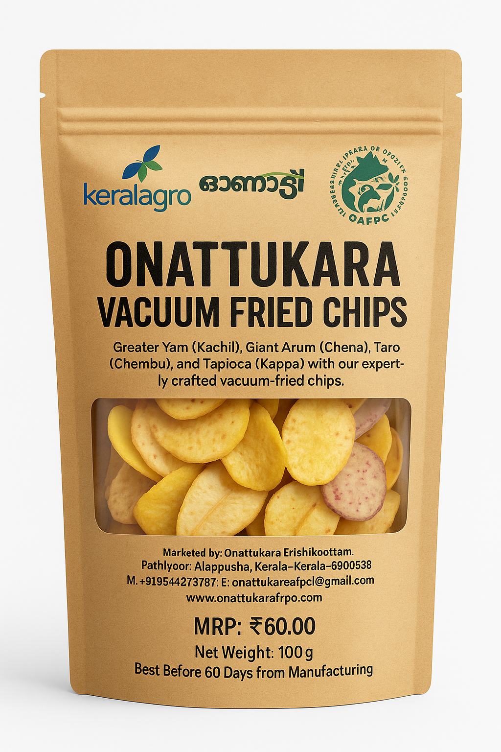 ONATTUKARA VACCUM FRIED CHIPS (ഉപ്പേരി-ചേമ്പ്, ചേന, കാച്ചിൽ, കപ്പ))