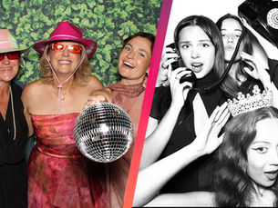 Collage of women posing in party photo booths, with hats, a disco ball, and a neon Touch Here to Start sign in a playful mood