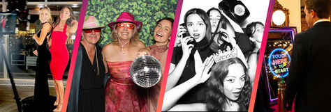 Collage of women posing in party photo booths, with hats, a disco ball, and a neon Touch Here to Start sign in a playful mood