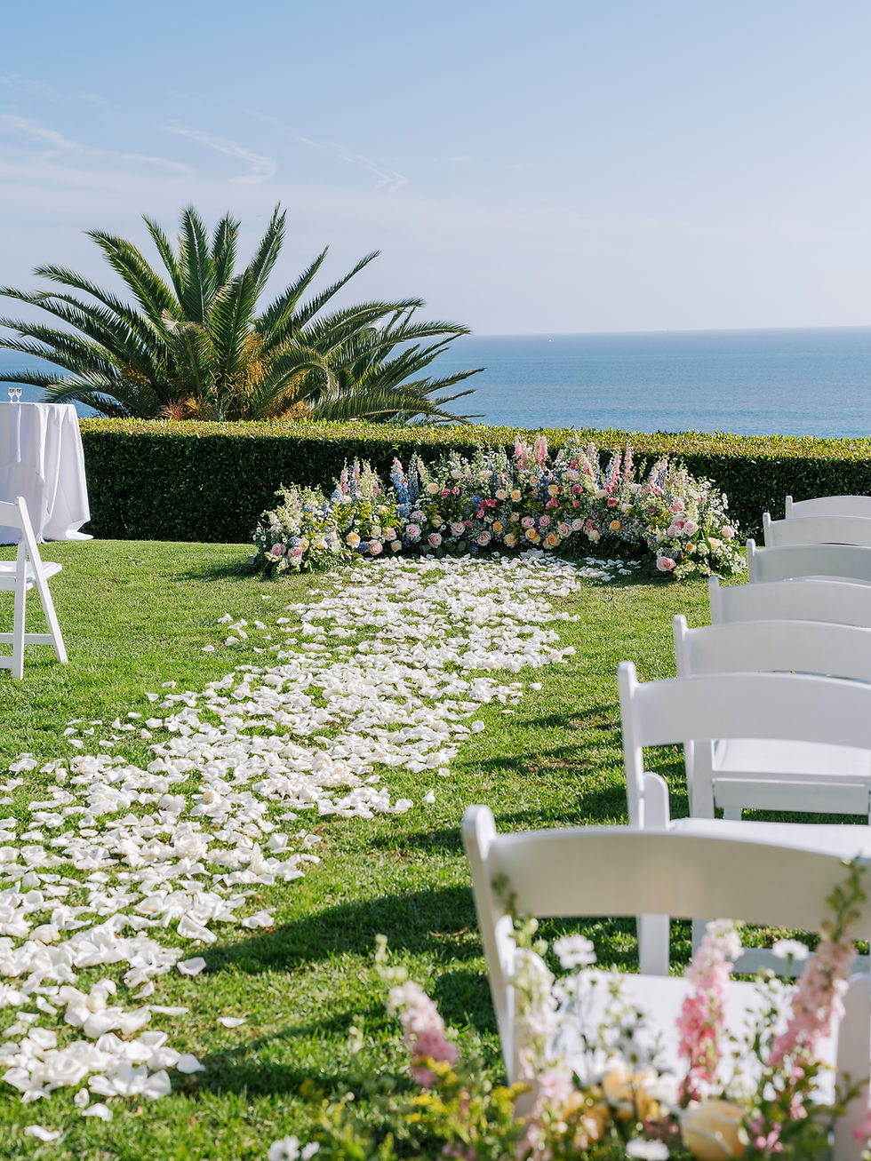 Oceanfront wedding setup with white chairs, petal-strewn aisle, pastel floral arch, palm tree, and calm blue sea under clear sky.